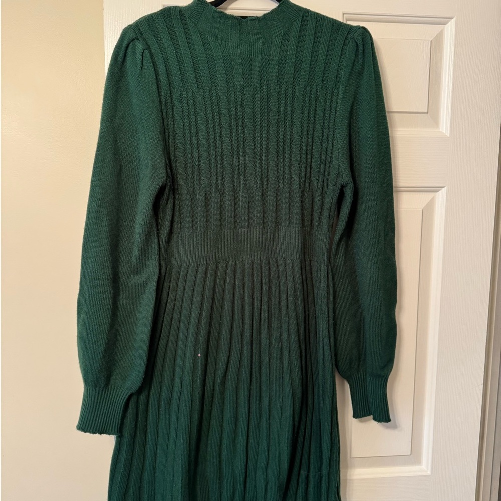 SHEIN Green Ribbed Mock Neck Dress with Bishop Sleeves